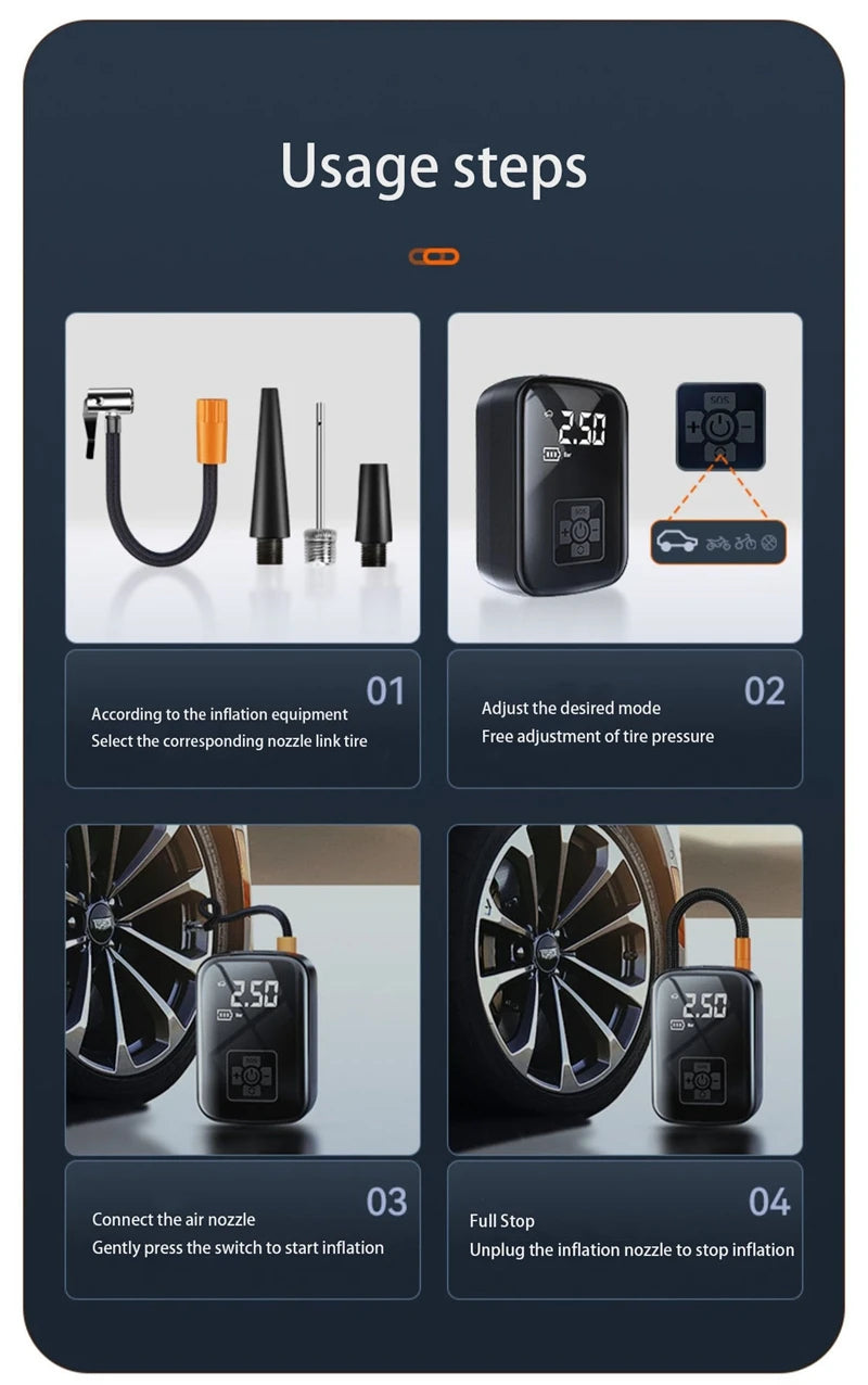 🔧🚘 Compresseur d’Air Portable HELLOLEIBOO – Gonfleur Électrique Intelligent Sans Fil / Filaire | Haute Pression 150 PSI, Écran Digital, LED, 5 Modes 🚀