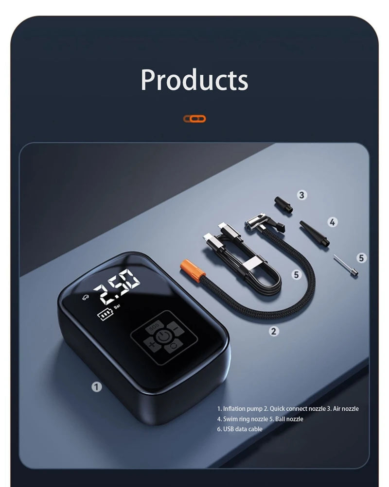 🔧🚘 Compresseur d’Air Portable HELLOLEIBOO – Gonfleur Électrique Intelligent Sans Fil / Filaire | Haute Pression 150 PSI, Écran Digital, LED, 5 Modes 🚀
