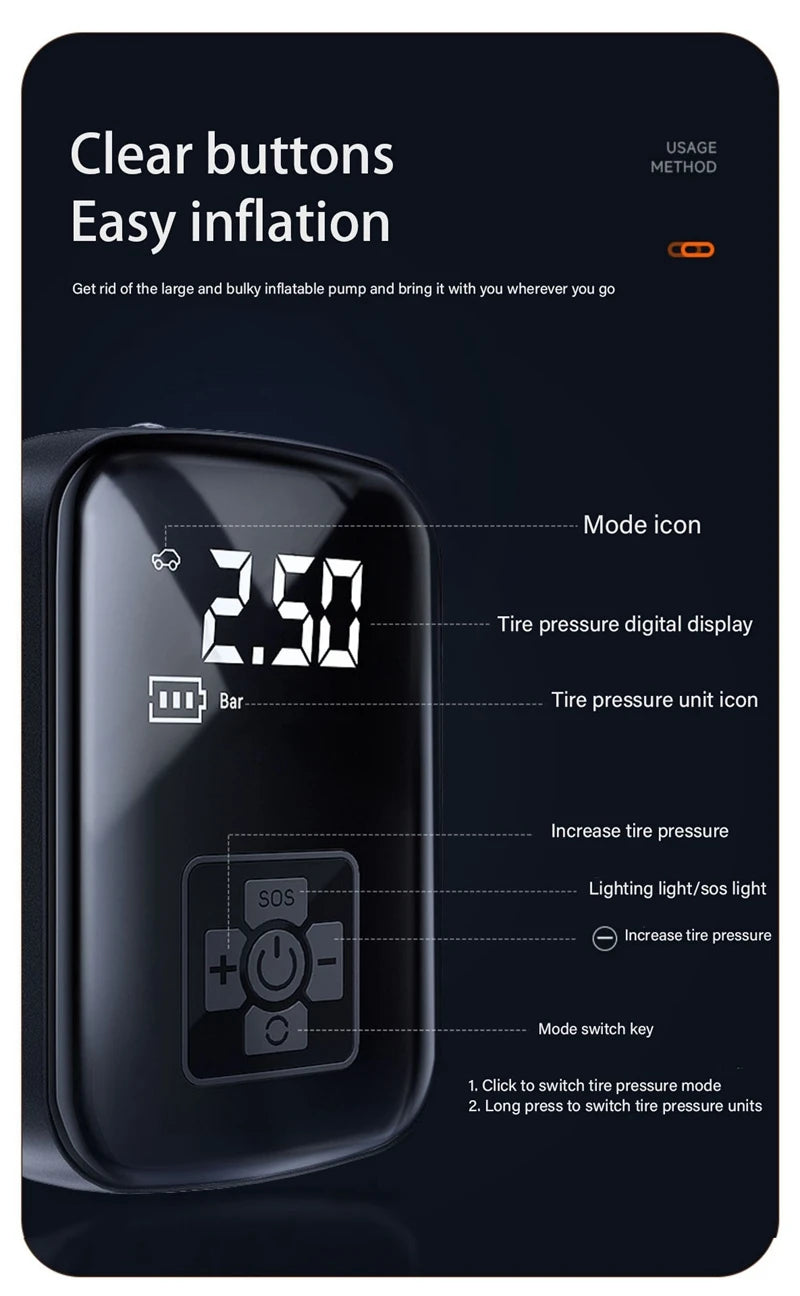 🔧🚘 Compresseur d’Air Portable HELLOLEIBOO – Gonfleur Électrique Intelligent Sans Fil / Filaire | Haute Pression 150 PSI, Écran Digital, LED, 5 Modes 🚀